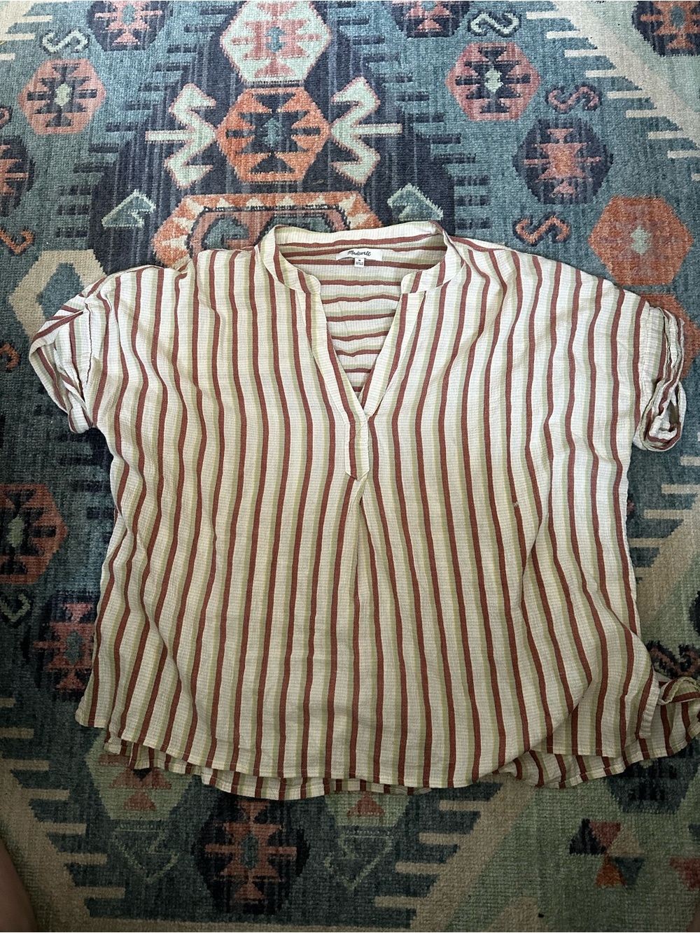 Madewell Cream & Rust Striped V-Neck Blouse